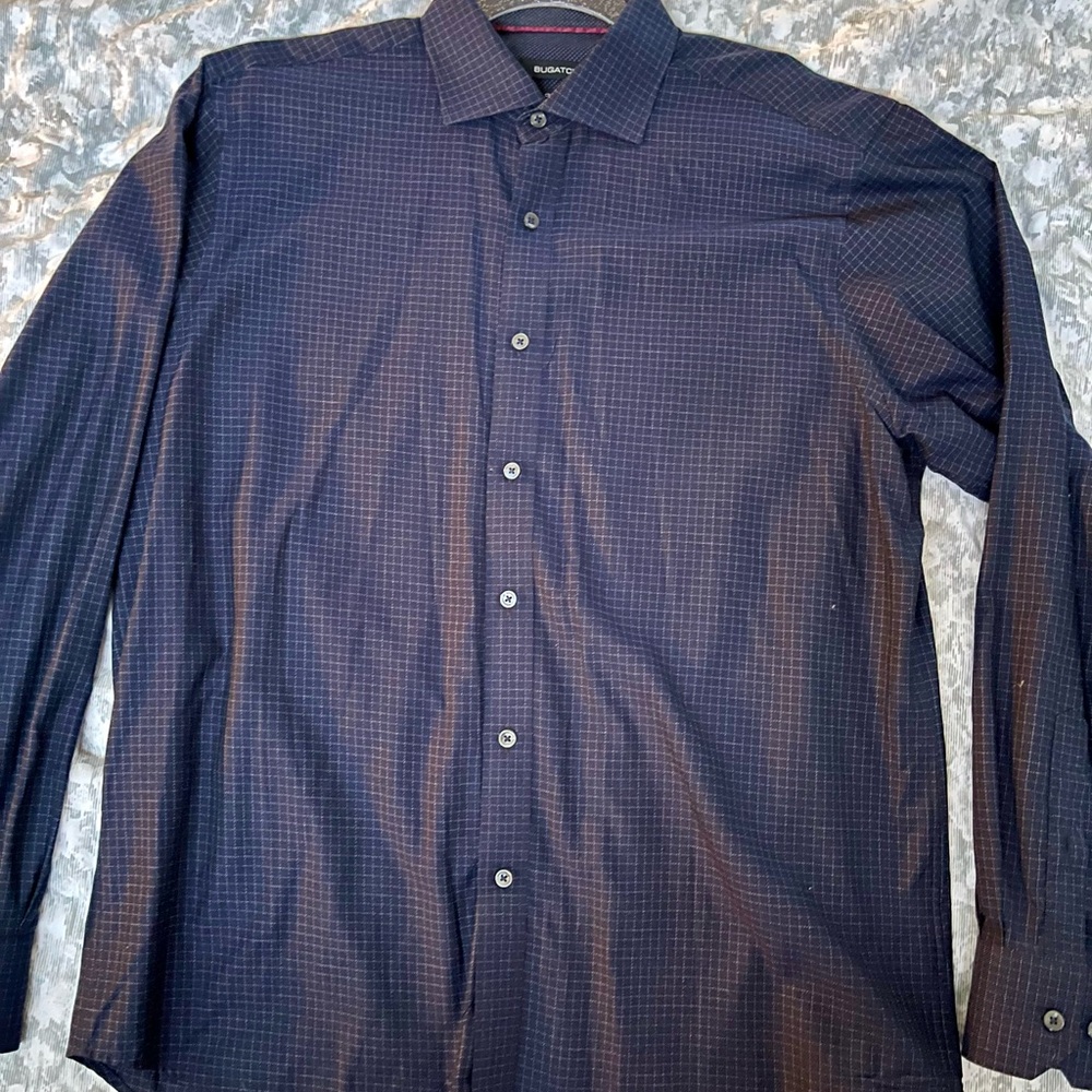 Bugatchi Dark Blue Checkered Button Down Shirt - image 1